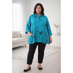Habitat Clothes to Live In Turquoise Abstract Marble Print Linen Tunic XL